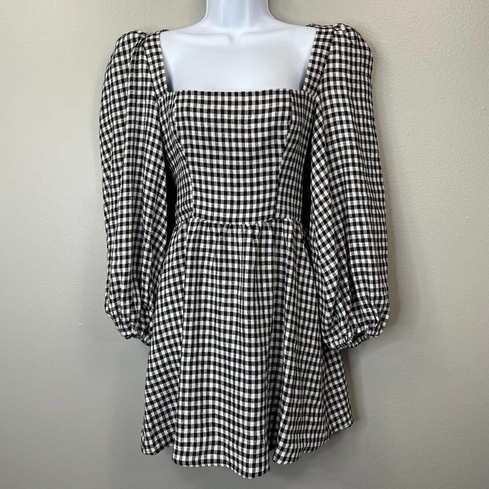 Reformation Brodie Linen Dress Womens 0 Black Gingham Puff Sleeve Open Back